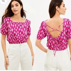 LOFT Animal Print Puffed Sleeve Crisscross Back Crop Blouse Top Hot Pink NEW 💓
